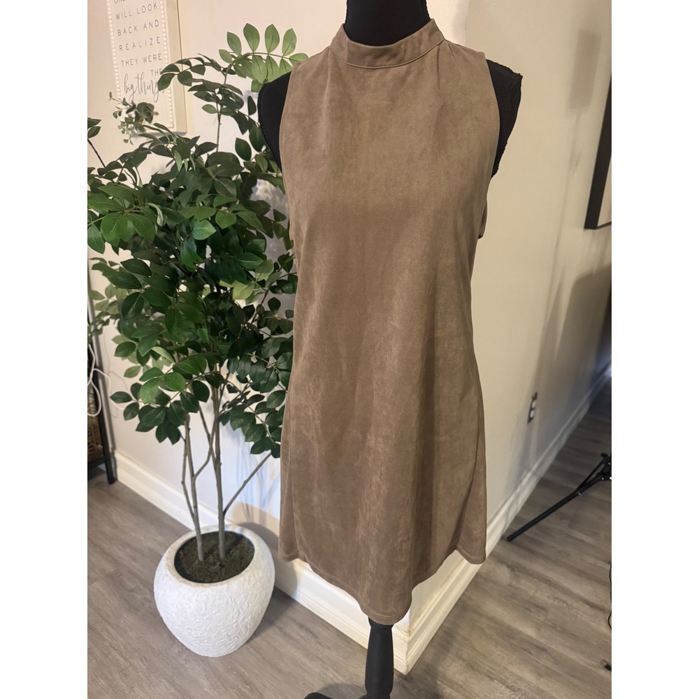 Ontwelfth Faux Suede Mock Neck Mini Dress Taupe Brown Side Cutout Womens Small